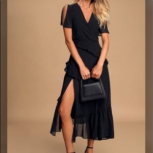 Lulu’s black Swiss dot ruffled midi dress